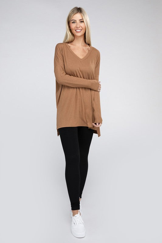 Dolman Long Sleeve V-Neck Side Slit Hi-Low Hem Top