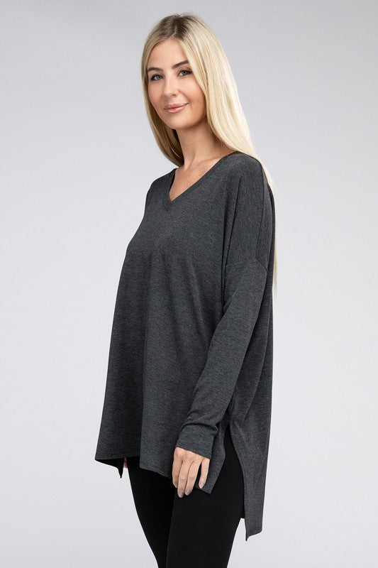 Dolman Long Sleeve V-Neck Side Slit Hi-Low Hem Top