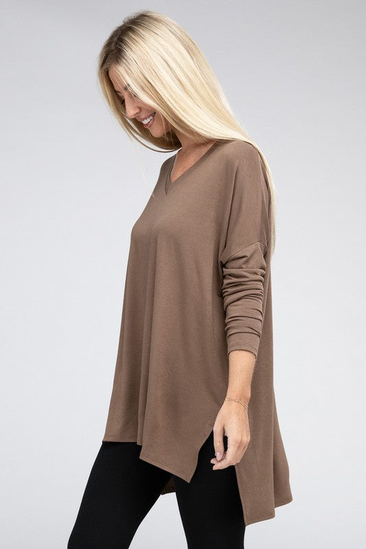 Dolman Long Sleeve V-Neck Side Slit Hi-Low Hem Top