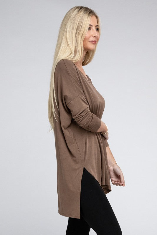 Dolman Long Sleeve V-Neck Side Slit Hi-Low Hem Top